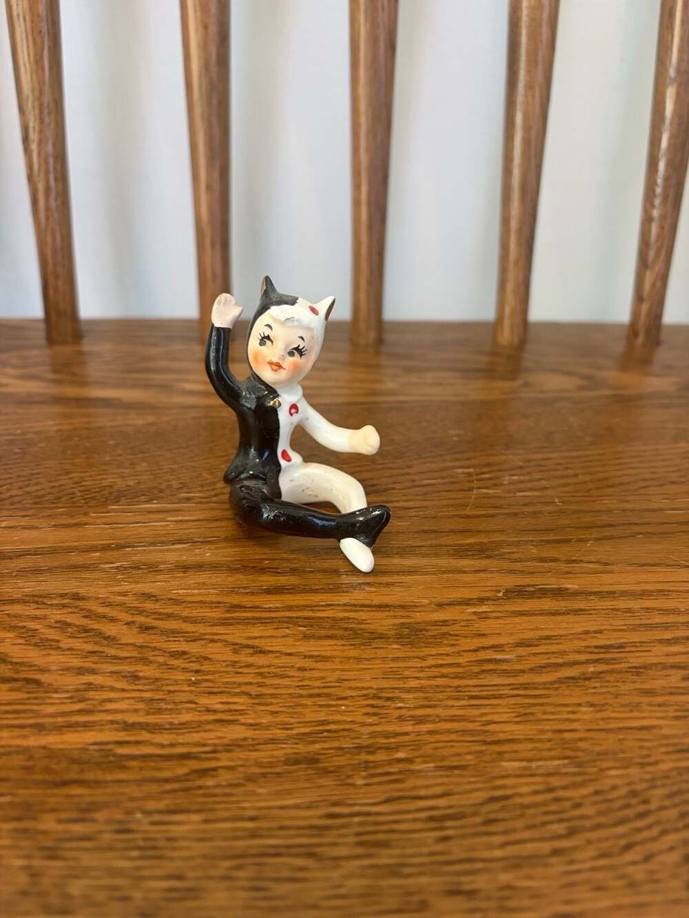 Vintage Ceramic Jester Cat Figurine Black White Japan